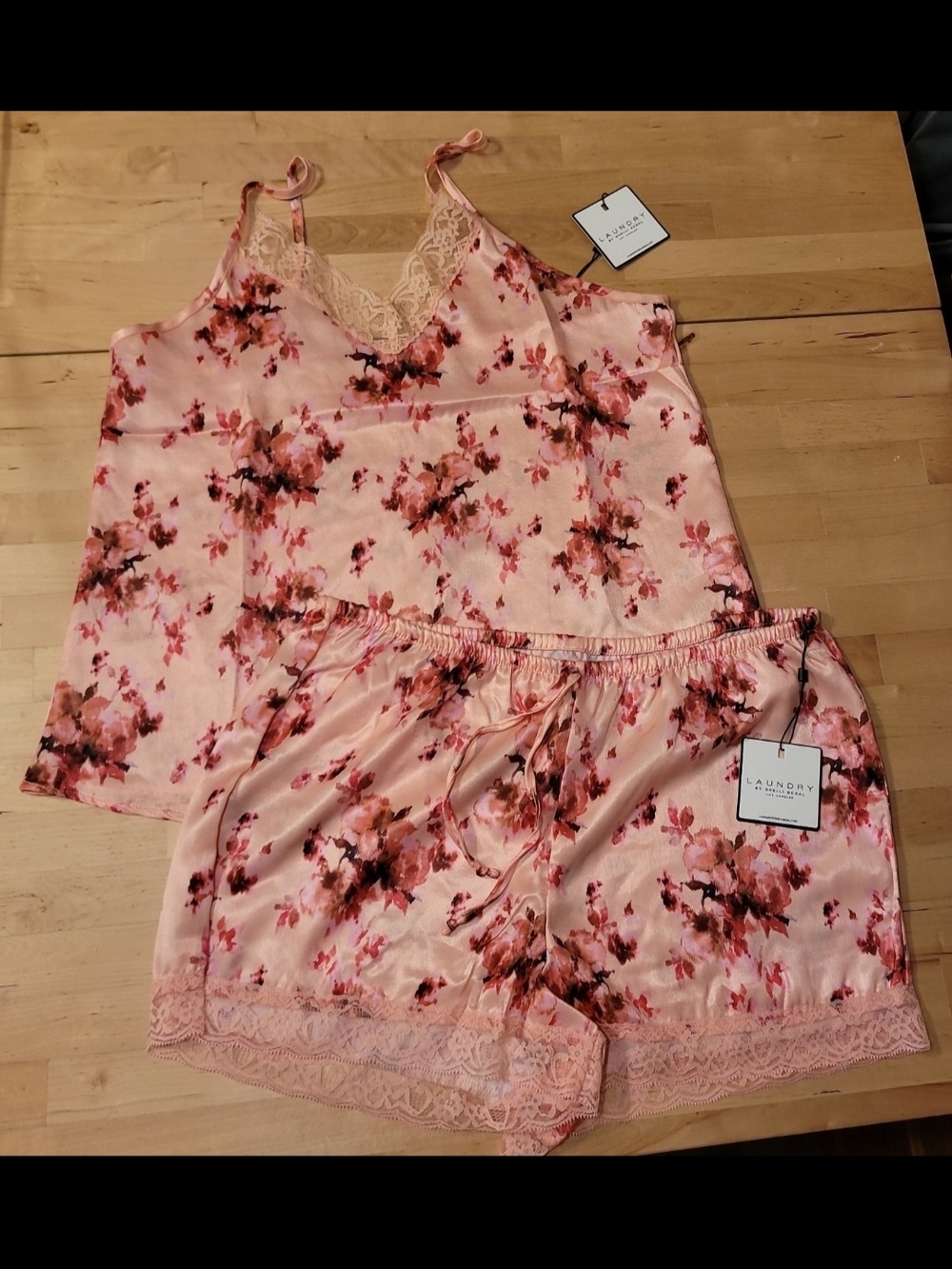 Laundry By Shelli Segal Pink Floral Satin Cami & Shorts Set with Lace Trim